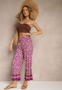 Renee - Fioletowe Szerokie Spodnie Culottes z Bawełny w Ornamentalny Print Lisanella. Okazja: na co dzień, na spacer. Kolor: fioletowy. Materiał: bawełna. Wzór: nadruk. Styl: elegancki, casual