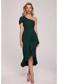 Sukienki.shop - Wieczorowa sukienka na jedno ramię z falbaną zielona. Okazja: na ślub cywilny, na wesele, na imprezę. Kolor: zielony. Styl: wizytowy #1