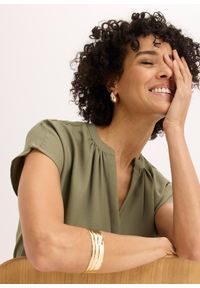 bonprix - Bluzka z krótkim rękawem i krytą plisą guzikową. Typ kołnierza: dekolt w serek. Kolor: zielony. Długość rękawa: krótki rękaw. Długość: krótkie #3