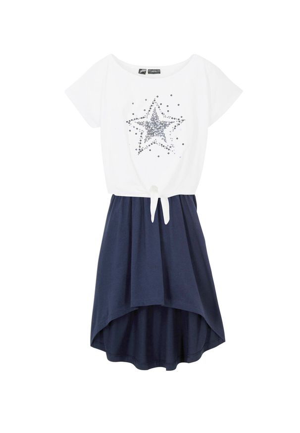 T-shirt dziewczęcy + sukienka (2 części), bawełna organiczna bonprix ciemnoniebiesko-biały. Kolor: niebieski. Materiał: bawełna. Wzór: aplikacja