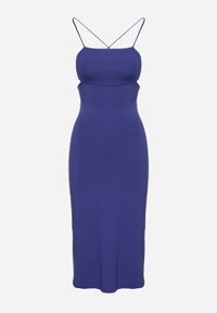 Renee - Granatowa Sukienka Sadoul. Okazja: na imprezę. Kolor: niebieski. Materiał: dzianina. Długość rękawa: na ramiączkach. Styl: wizytowy. Długość: midi #2