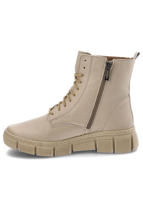 Beżowe Trzewiki Wasak Ocieplane Skórzane Buty Damskie. Kolor: beżowy. Materiał: skóra. Szerokość cholewki: normalna. Wzór: grochy. Obcas: na obcasie. Styl: elegancki. Wysokość obcasa: średni