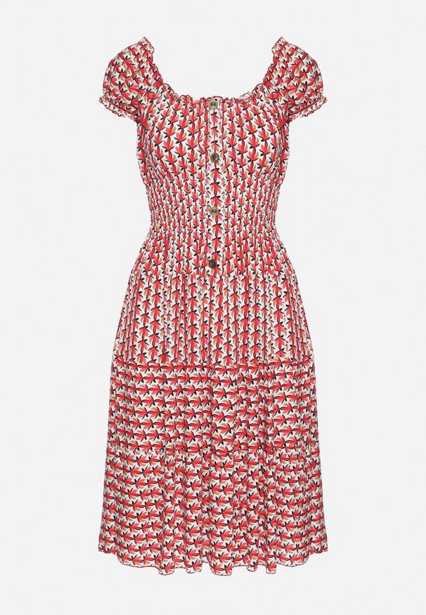 Born2be - Czerwona Sukienka z Bawełny Ozdobiona Guzikami i Bufiastymi Rękawami Ronaria. Okazja: na co dzień. Kolor: czerwony. Materiał: bawełna. Wzór: aplikacja. Sezon: wiosna, lato. Typ sukienki: sportowe. Styl: casual, klasyczny, sportowy