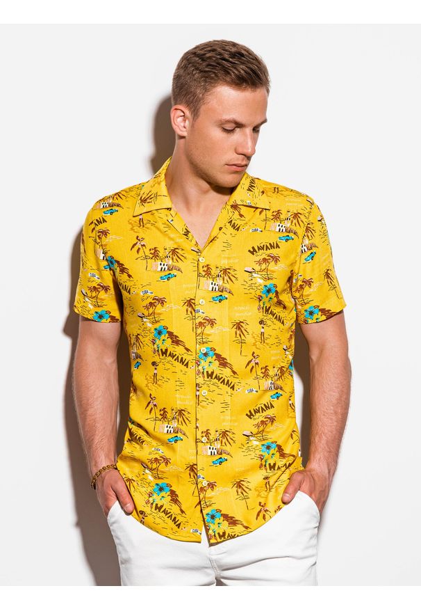 Ombre Clothing - Koszula męska z krótkim rękawem - żółta K560 - S. Kolor: żółty. Materiał: wiskoza. Długość rękawa: krótki rękaw. Długość: krótkie