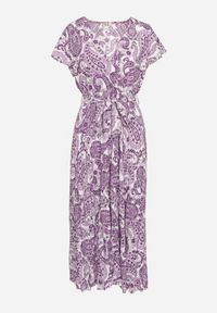 Born2be - Fioletowa Sukienka z Kopertowym Dekoltem z Gumką w Talii i Materiałowym Paskiem Xelovia. Okazja: na co dzień. Kolor: fioletowy. Materiał: materiał. Typ sukienki: kopertowe. Styl: casual, elegancki #6