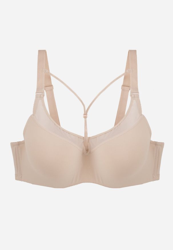 Born2be - Jasnobeżowy Biustonosz z Ozdobną Siateczką i Paseczkami przy Dekolcie Anesa. Kolor: beżowy