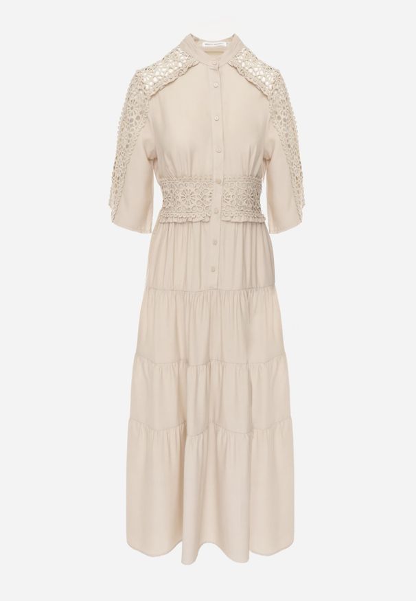 Renee - Beżowa Boho Sukienka z Wiskozą o Rozkloszowanym Kroju z Ażurowymi Wstawkami Idacea. Okazja: na co dzień. Kolor: beżowy. Materiał: wiskoza. Wzór: ażurowy. Typ sukienki: proste. Styl: boho