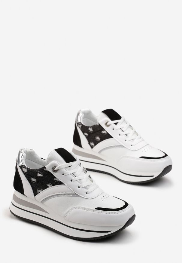 Renee - Biało-Czarne Sznurowane Sneakersy z Ekoskóry z Błyszczącymi Wstawkami Fiviara. Okazja: na co dzień. Zapięcie: pasek. Kolor: biały. Szerokość cholewki: normalna. Wzór: paski