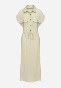 Born2be - Jasnozielona Wiskozowa Rozkloszowana Sukienka z Gumką w Talii Ozdobiona Guzikami Lemvia. Okazja: na spotkanie biznesowe. Kolor: zielony. Materiał: wiskoza. Wzór: aplikacja. Sezon: lato. Typ sukienki: sportowe, rozkloszowane. Styl: klasyczny, elegancki, sportowy, biznesowy #6