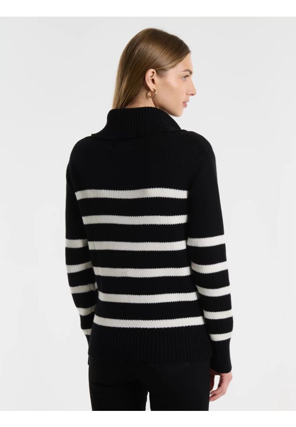 Big-Star - Sweter damski w czarno-białe paski rozpinany z dodatkiem kaszmiru Stripalia 906. Kolor: czarny. Materiał: kaszmir. Wzór: paski. Sezon: lato. Styl: klasyczny, elegancki