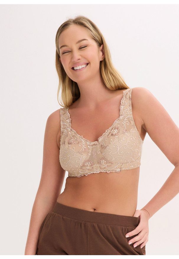 bonprix - Biustonosz odciążający bez fiszbinów z wyściełanymi ramiączkami. Kolor: beżowy. Rodzaj stanika: wyściełane miseczki, różne sposoby noszenia. Wzór: haft