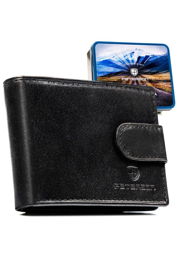 Skórzany, czarny portfel męski zamykany na zatrzask, wyposażony w system RFID - Peterson. Kolor: czarny. Materiał: skóra