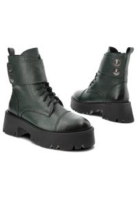 Zielone Botki Lemar Skórzane Ocieplane Buty Damskie. Zapięcie: pasek. Kolor: zielony. Materiał: skóra. Styl: elegancki