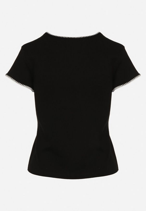 Born2be - Czarny Bawełniany T-shirt Ozdobiony Lamówką Elasia. Okazja: na co dzień. Kolor: czarny. Materiał: bawełna. Wzór: aplikacja. Styl: klasyczny, elegancki, casual