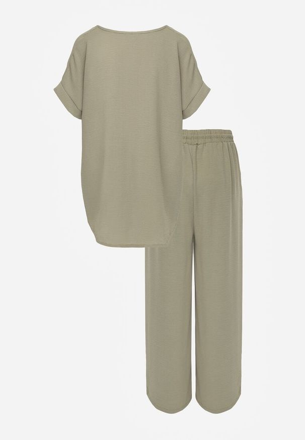 Renee - Zielony Komplet Bluzka i Luźne Spodnie z Wiskozą i Kieszonkami Efraria. Kolor: zielony. Materiał: wiskoza. Wzór: aplikacja