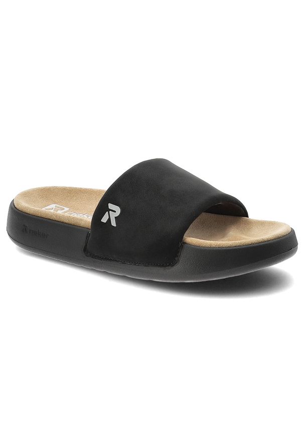 Klapki damskie Rieker, cholewka z tworzywa wsuwany fason szeroki pasek z przodu, czarne, W3250-00. Kolor: czarny