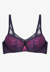 Renee - Granatowo-Fuksjowy Biustonosz Push-Up z Koronki Ozdobiony Metalową Aplikacją Arissta. Kolor: niebieski. Materiał: koronka. Rodzaj stanika: push-up. Wzór: aplikacja, koronka #3