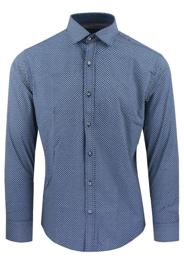 Męska Koszula, Taliowana (Slim Fit) - Rigon - Granat, Wzór. Okazja: do pracy, na spotkanie biznesowe. Kolor: niebieski. Materiał: bawełna, poliester, elastan. Długość rękawa: długi rękaw. Długość: długie. Styl: wizytowy, elegancki, biznesowy