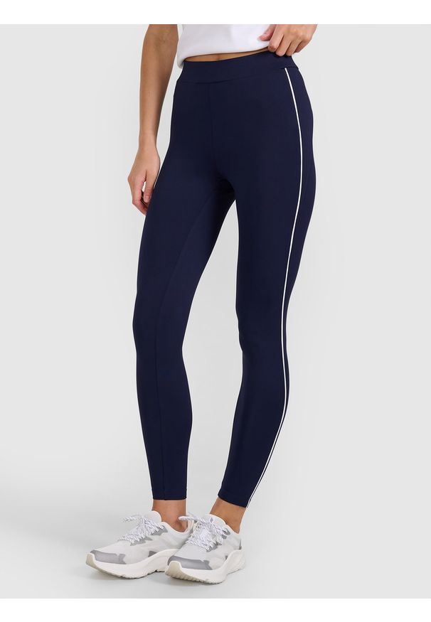 4f - 4F Legginsy dzianinowe damskie - granatowe S. Okazja: na co dzień. Kolor: niebieski. Materiał: dzianina. Wzór: gładki, ze splotem. Styl: casual
