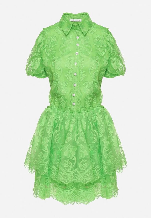 Born2be - Zielona Koronkowa Sukienka Mini w Kwiaty z Bufiastymi Rękawami Cervi. Kolor: zielony. Materiał: koronka. Wzór: kwiaty. Długość: mini