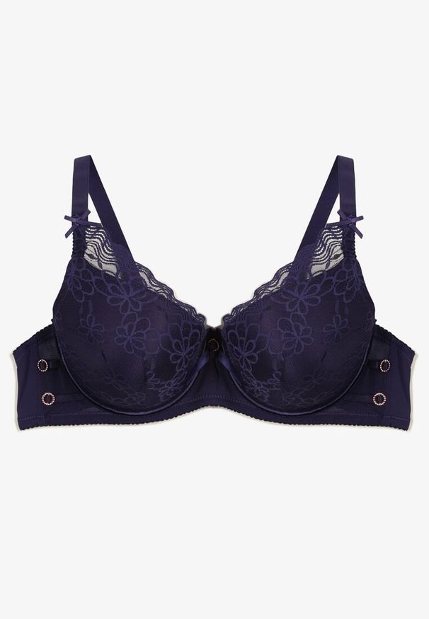 Born2be - Granatowy Biustonosz z Usztywnionymi Miseczkami i Koronką Tinarria. Kolor: niebieski. Materiał: koronka. Wzór: koronka