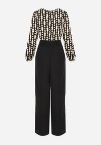 Born2be - Czarno-Beżowy Wzorzysty Kombinezon Kopertowy z Prostymi Nogawkami i Elastycznym Paskiem Tinadorae. Okazja: na co dzień. Kolor: czarny. Materiał: tkanina. Długość rękawa: długi rękaw. Długość: długie. Styl: casual, elegancki #5