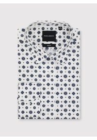 Pako Lorente - Biała koszula w niebieski wzór geometryczny. Kolor: biały, niebieski, wielokolorowy. Materiał: elastan, bawełna. Długość rękawa: długi rękaw. Długość: długie. Wzór: geometria #2