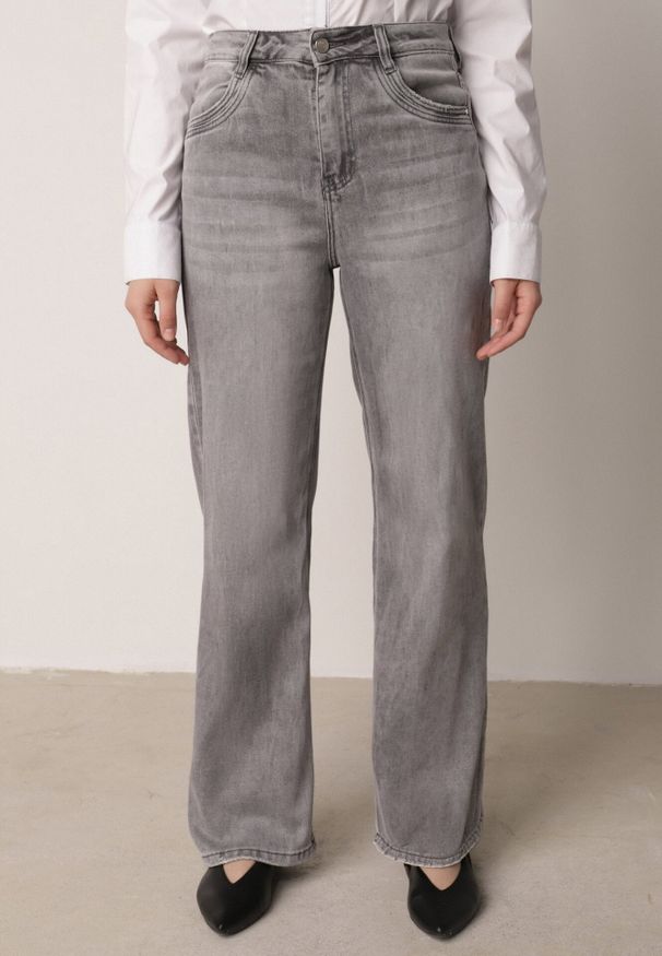 Born2be - Szare Szerokie Jeansy z Wysokim Stanem z Bawełną i Domieszką Wiskozy Jenninne. Stan: podwyższony. Kolor: szary. Długość: długie. Wzór: gładki. Styl: klasyczny