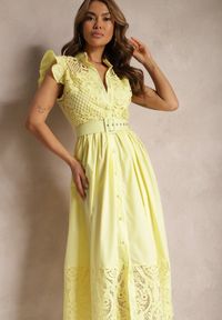 Renee - Żółta Koszulowa Sukienka z Ażurowym Zdobieniem i Paskiem z Prostokątną Klamrą Trika. Okazja: na co dzień. Kolor: żółty. Długość rękawa: krótki rękaw. Wzór: ażurowy, aplikacja. Typ sukienki: koszulowe. Styl: casual, klasyczny #4