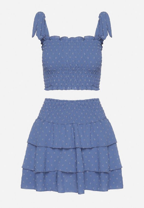 Born2be - Niebieski Komplet Elastyczny Top z Wiązanymi Ramiączkami i Rozkloszowana Spódnica Evialia. Kolor: niebieski