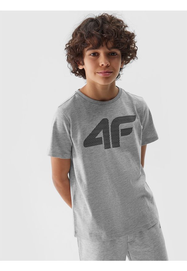 4F JUNIOR - T-shirt z nadrukiem chłopięcy - chłodny jasny szary. Okazja: na co dzień. Kolor: szary. Materiał: bawełna, wiskoza, materiał, jersey, dzianina. Długość rękawa: krótki rękaw. Długość: krótkie. Wzór: nadruk. Sezon: lato. Styl: casual, sportowy