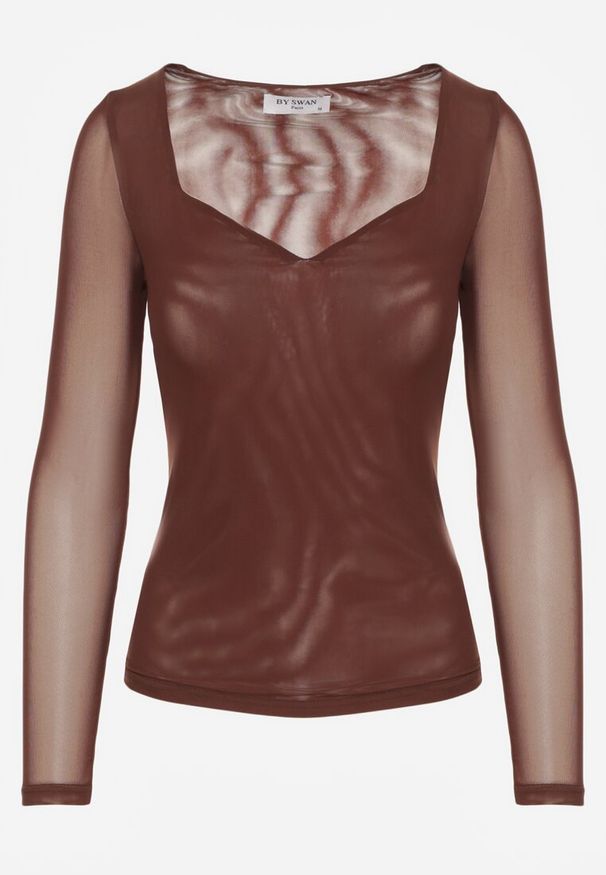 Renee - Brązowa Bluzka Longsleeve z Siateczki z Wiskozą z Dekoltem w Serce Elinevia. Kolor: brązowy. Materiał: wiskoza. Długość rękawa: długi rękaw