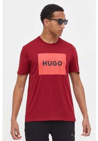 Hugo - HUGO t-shirt bawełniany kolor bordowy z nadrukiem. Kolor: czerwony. Materiał: bawełna. Wzór: nadruk #2