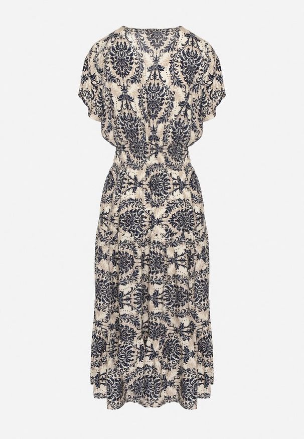 Born2be - Granatowa Bawełniana Sukienka o Rozkloszowanym Kroju z Gumką w Pasie Desilona. Okazja: na co dzień. Typ kołnierza: dekolt w kształcie V. Kolor: niebieski. Materiał: bawełna. Długość rękawa: krótki rękaw. Styl: casual, elegancki