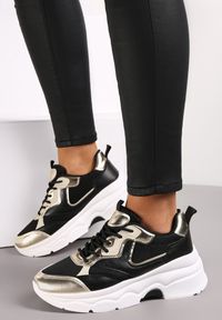 Renee - Czarne Sneakersy Sznurowane z Metalicznymi Wstawkami Gearis. Wysokość cholewki: przed kostkę. Kolor: czarny. Materiał: materiał. Szerokość cholewki: normalna. Wzór: aplikacja #3