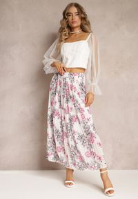 Renee - Biała Spódnica Ozdobiona Plisami z Gumką w Pasie i Elastyczną Podszewką Vislo. Kolor: biały. Wzór: aplikacja. Sezon: lato. Styl: boho #5
