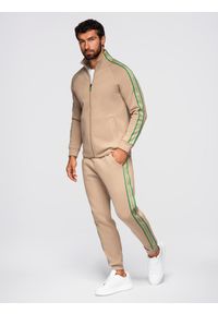 Ombre Clothing - Komplet dresowy męski bluza rozpinana + spodnie dresowe joggery - jasnobrązowy V1 - Rozmiar: S. Okazja: na co dzień, na spacer, do pracy. Typ kołnierza: kołnierzyk stójkowy. Kolor: brązowy. Materiał: dresówka. Styl: casual, sportowy #1