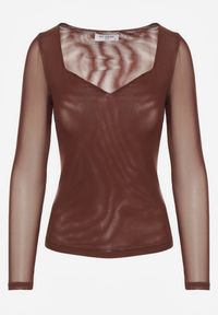 Renee - Brązowa Bluzka Longsleeve z Siateczki z Wiskozą z Dekoltem w Serce Elinevia. Kolor: brązowy. Materiał: wiskoza. Długość rękawa: długi rękaw #3