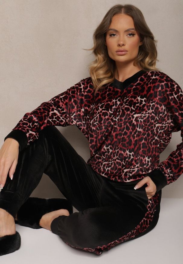 Renee - Czerwono-Czarny Komplet Dresowy Welurowy Bluza i Joggery w Panterkę Froliti. Kolor: czerwony. Materiał: welur, dresówka. Wzór: motyw zwierzęcy