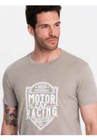 Ombre Clothing - T-shirt męski z nadrukiem w stylu motocyklowym – popielaty V3 - Rozmiar: S. Okazja: na co dzień. Kolor: szary. Materiał: bawełna, materiał. Wzór: nadruk. Styl: klasyczny, casual, elegancki