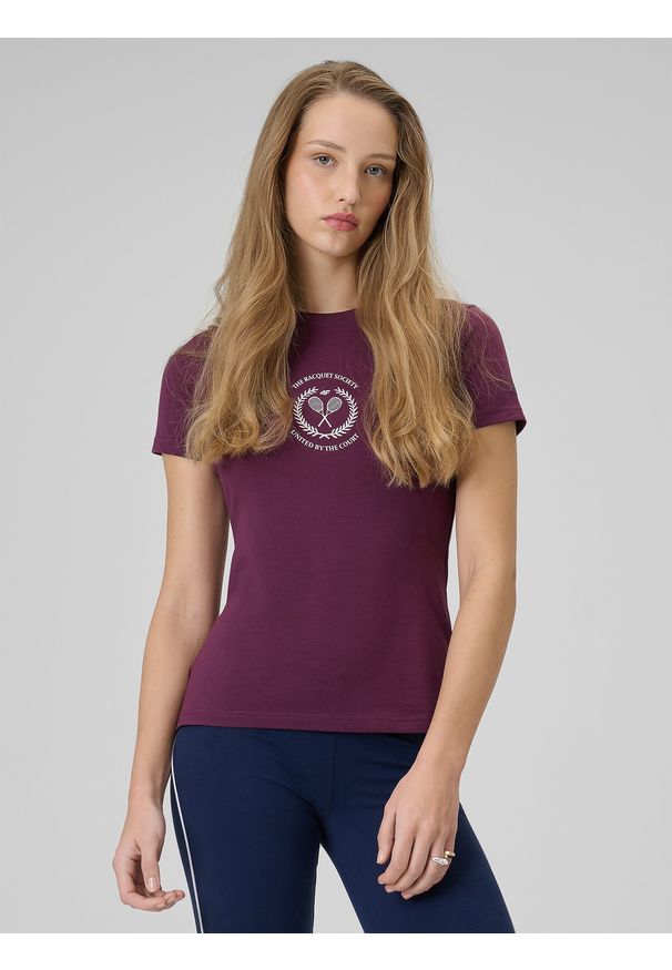 4f - 4F T-shirt slim z nadrukiem damski - czerwony XS. Okazja: na co dzień, na spacer. Kolor: czerwony. Materiał: materiał, bawełna, jeans. Wzór: nadruk. Styl: casual