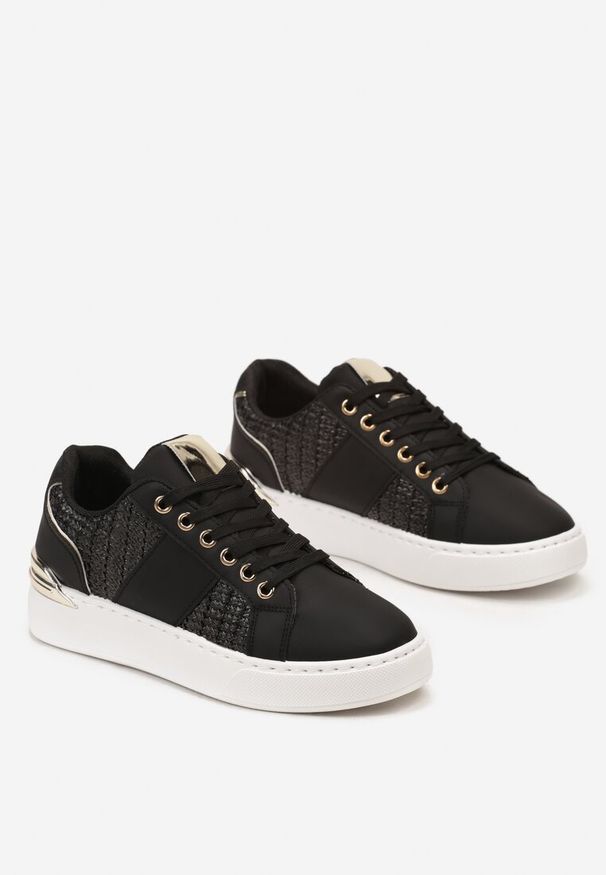 Renee - Czarne Sznurowane Sneakersy z Ekoskóry z Plecionką i Metaliczną Wstawką Josephina. Okazja: na co dzień. Kolor: czarny. Materiał: materiał. Wzór: aplikacja