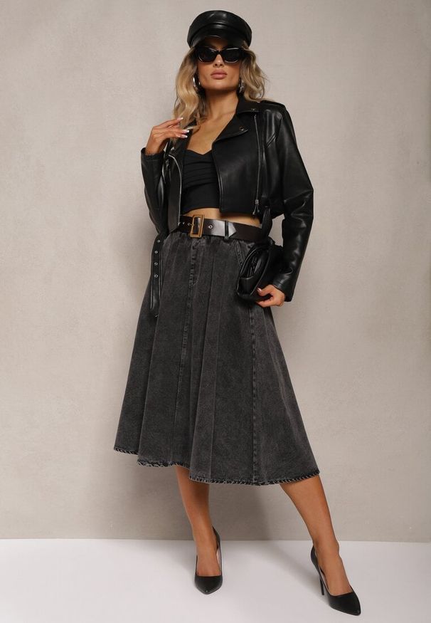 Renee - Czarna Rozkloszowana Spódnica Jeansowa Midi z Paskiem Wendlla. Kolor: czarny. Materiał: jeans