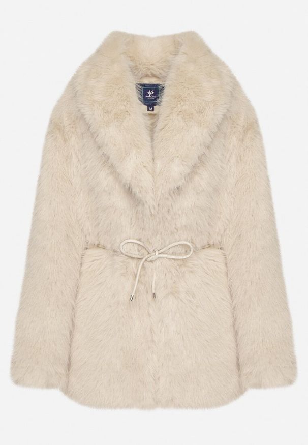 Born2be - Beżowa Kurtka Futerko o Prostym Kroju z Cienkim Wiązanym Paskiem Casatte. Okazja: do pracy, na spotkanie biznesowe. Typ kołnierza: golf. Kolor: beżowy. Materiał: futro. Wzór: aplikacja. Styl: biznesowy