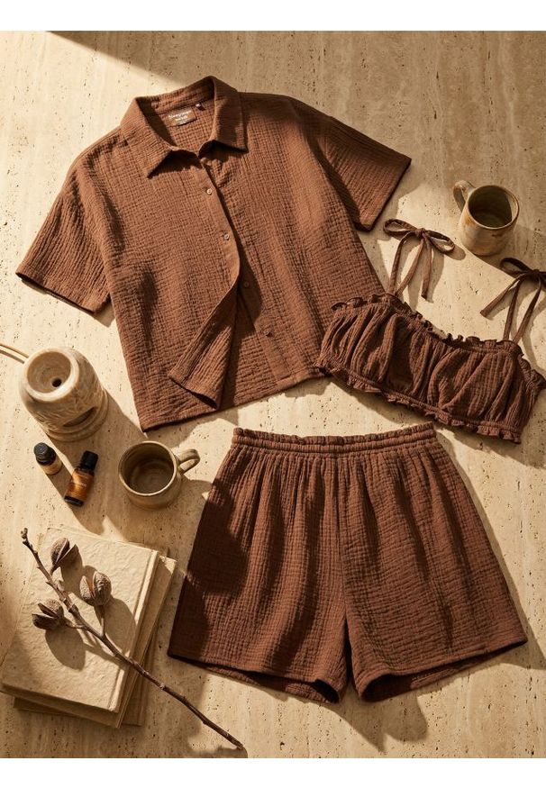 Sinsay - Bawełniana piżama trzyczęsciowa - brązowy. Kolor: brązowy. Materiał: bawełna