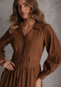 Renee - Brązowa Rozkloszowana Sukienka Koszulowa z Bawełny i Wiskozy Zdobiona Klapami Gleta. Okazja: na co dzień. Kolor: brązowy. Materiał: wiskoza, bawełna. Wzór: aplikacja. Typ sukienki: koszulowe. Styl: casual, elegancki #4