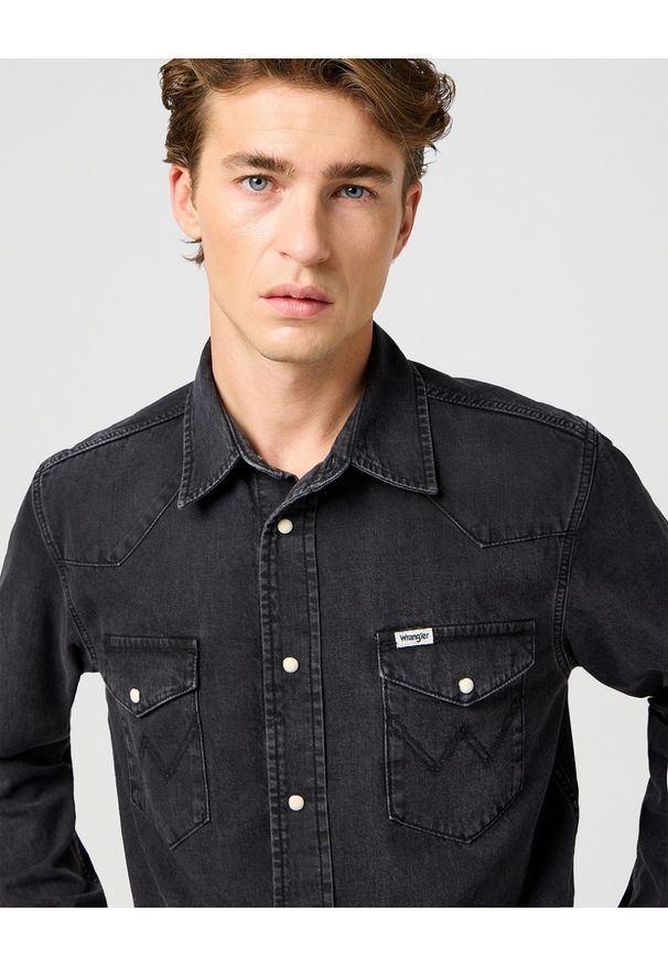 Wrangler - MESKA KOSZULA JEANSOWA WRANGLER WESTERN SHIRT RINSE BLACK 112362906. Materiał: jeans