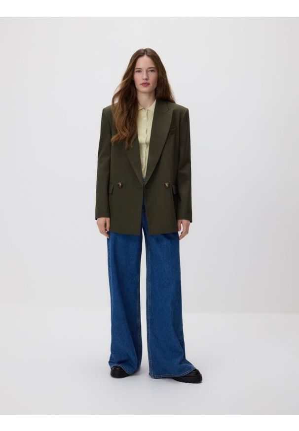 Reserved - Dwurzędowa marynarka - ciemnozielony. Kolor: zielony. Materiał: tkanina, wełna, wiskoza