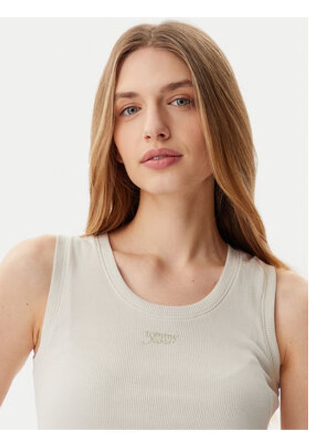 Tommy Jeans Top DW0DW21369 Beżowy Slim Fit. Kolor: beżowy. Materiał: bawełna