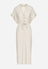 Born2be - Beżowa Bawełniana Sukienka z Koszulową Górą i Ściągaczem w Talii Vikleta. Okazja: na co dzień. Typ kołnierza: dekolt w kształcie V. Kolor: beżowy. Materiał: bawełna. Typ sukienki: koszulowe. Styl: klasyczny, casual #5